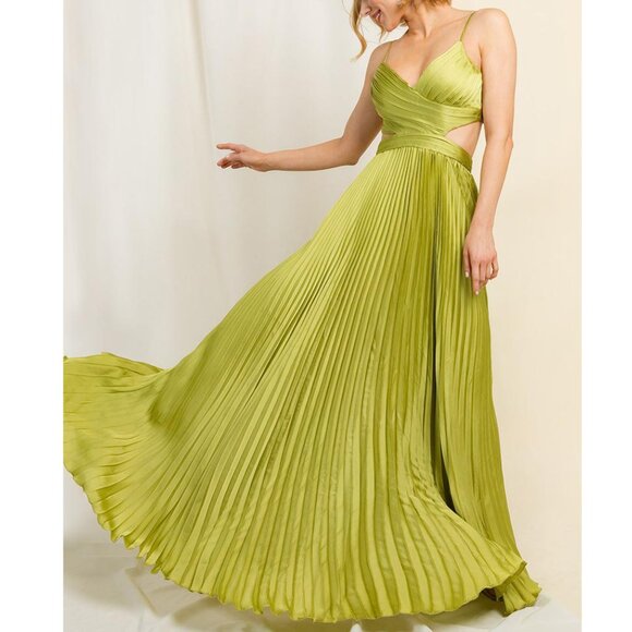 Lime Green Pleated Cutout Formal Wedding Guest Party Maxi Dress 6 - Picture 1 of 5